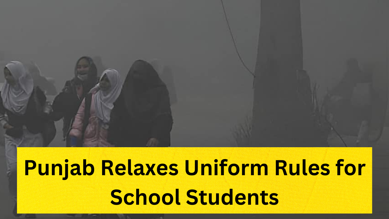 Students wearing colorful winter clothing, including jackets and sweaters, standing outside a school during winter