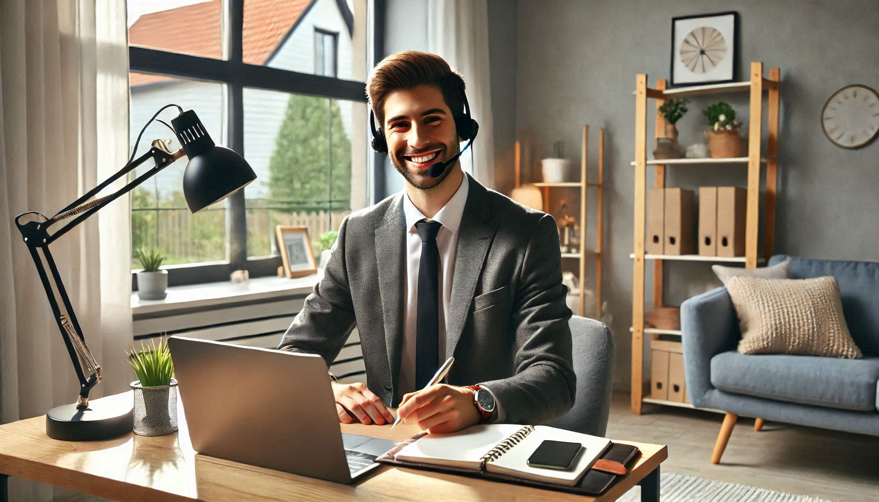 Remote client service representative working from a modern home office, wearing a headset and engaging in a video call, with a laptop and organized workspace in a bright, professional setting