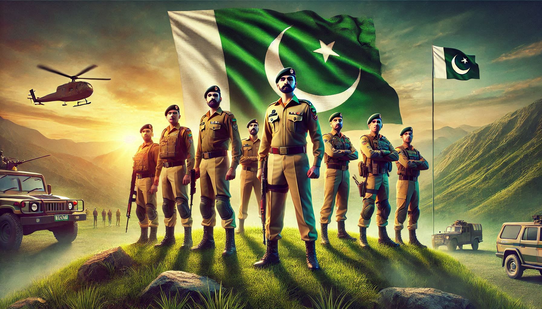 Pakistan Rangers in official uniforms standing at the Pakistan-India border with the national flag of Pakistan fluttering against a vibrant sunrise, symbolizing patriotism and dedication