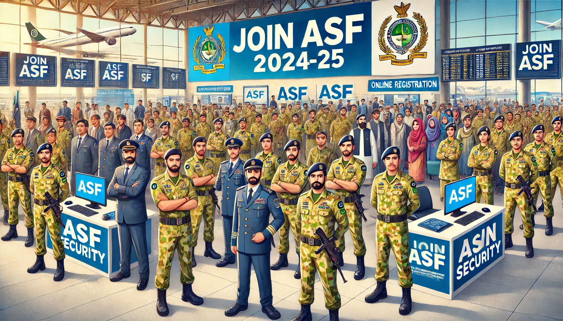 Featured image for ASF Jobs 2024-25, depicting a recruitment drive with ASF officers, digital registration kiosks, and candidates applying for positions at Airports Security Force