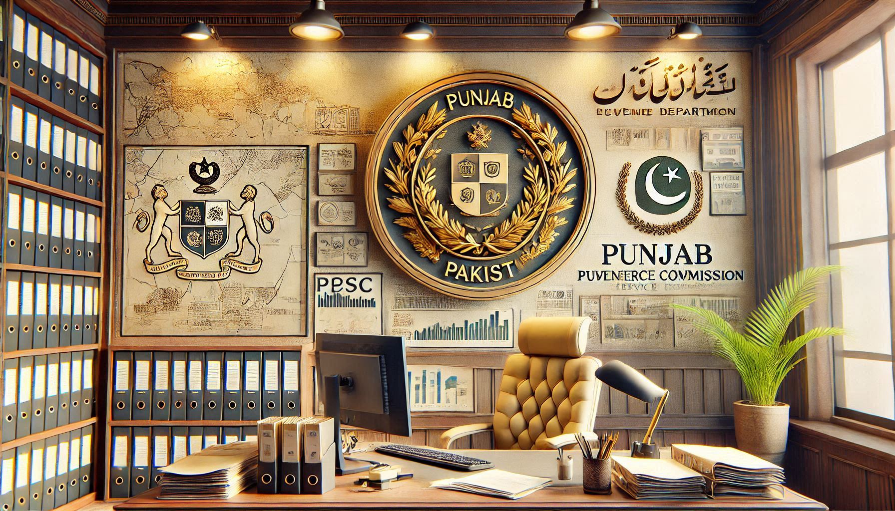 Professional workspace representing PPSC Assistant Revenue Department jobs in Rawalpindi, showcasing a desk with official files, a computer, and the Punjab Public Service Commission insignia