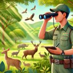 Wildlife officer in uniform observing nature in a lush green forest with deer and birds in the background, symbolizing wildlife conservation and Punjab Wildlife and Parks jobs