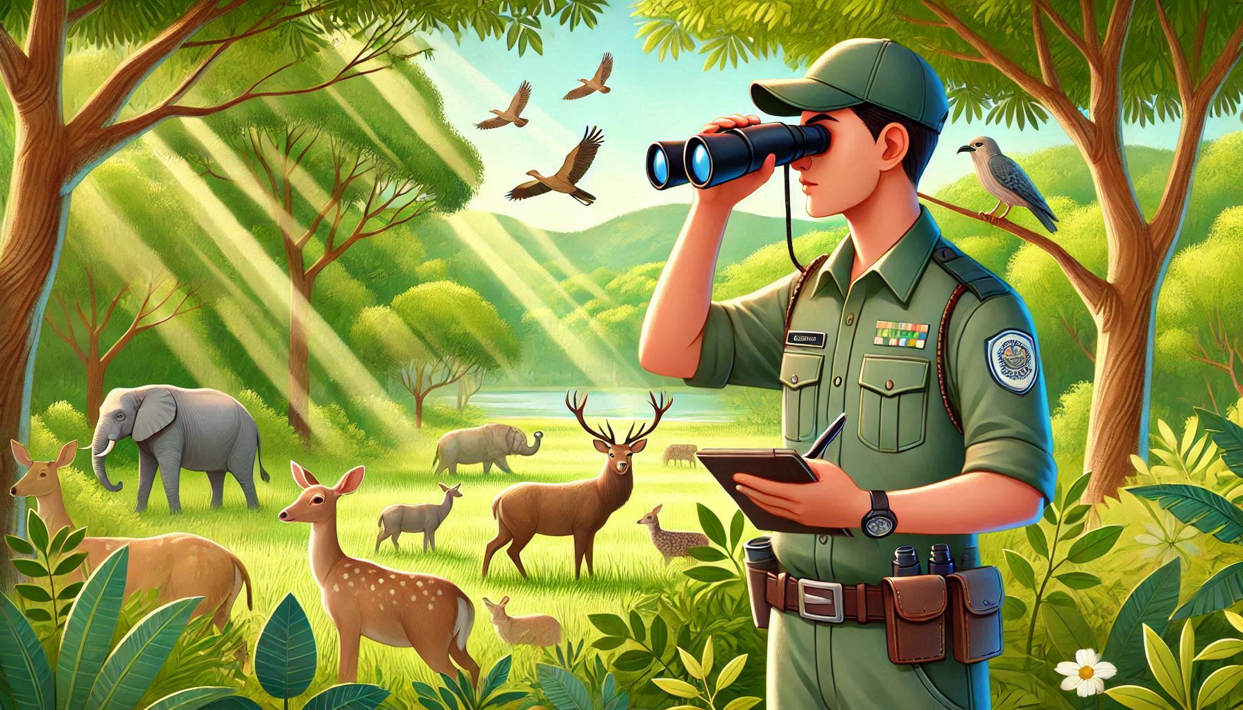 Wildlife officer in uniform observing nature in a lush green forest with deer and birds in the background, symbolizing wildlife conservation and Punjab Wildlife and Parks jobs