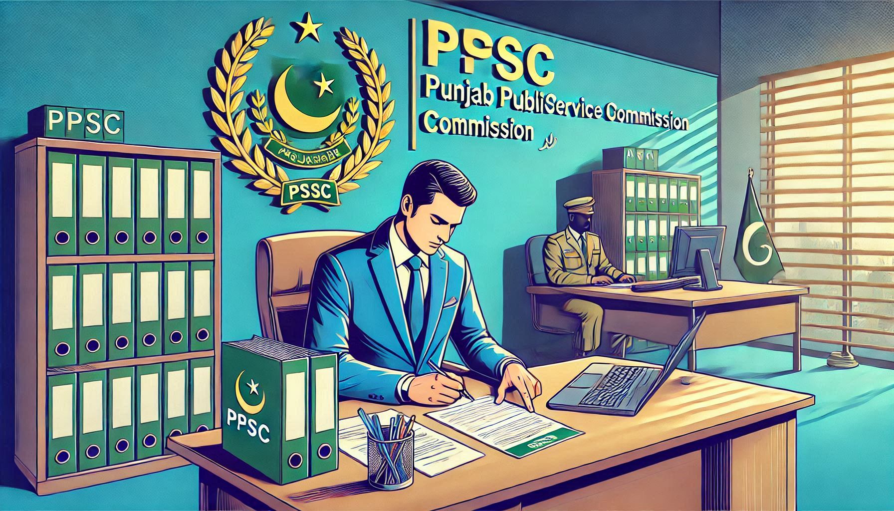 A candidate filling out a job application form in a government office with the Punjab Public Service Commission (PPSC) logo displayed on the wall, symbolizing professionalism and organization