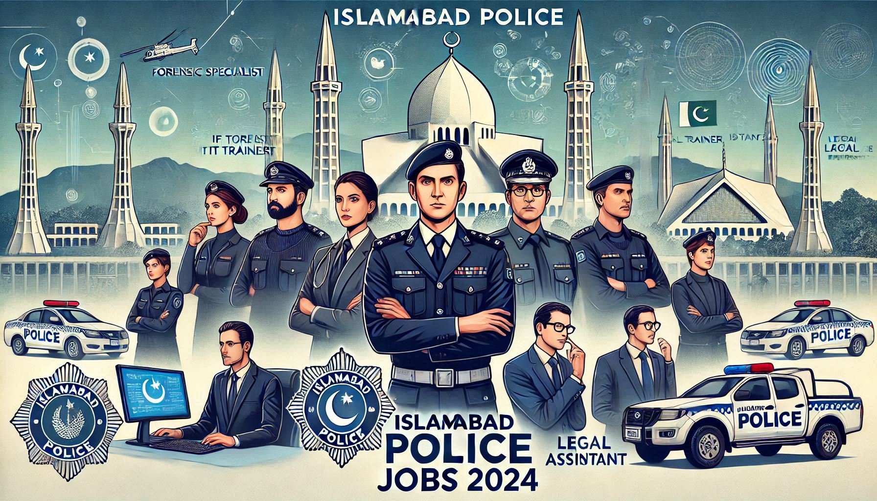 Official Islamabad Police recruitment banner for 2024, showcasing career opportunities under the PSDP project for skilled professionals in various roles such as Forensic Specialist, IT Trainer, and Legal Assistant